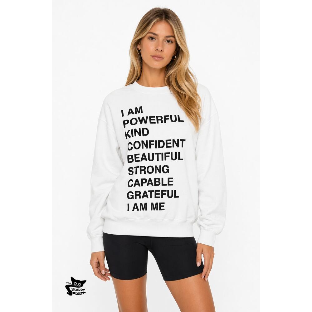 Anine Bing White Graphic Sweatshirt I Am Powerful Quote Crewneck Pullover XS - Picture 7 of 13